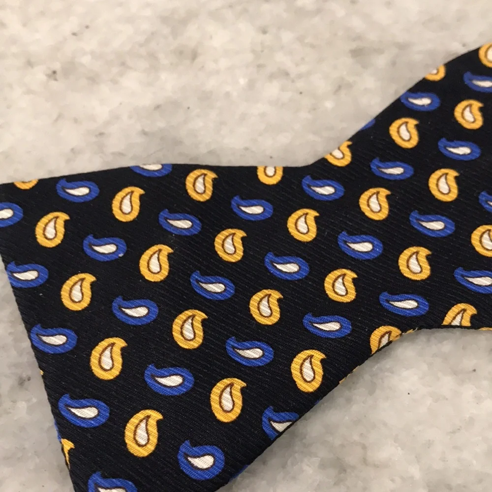 Vintage‎ Silk Bowtie Mens Blue Paisley Festival Bohemian Artsy Wedding Formal